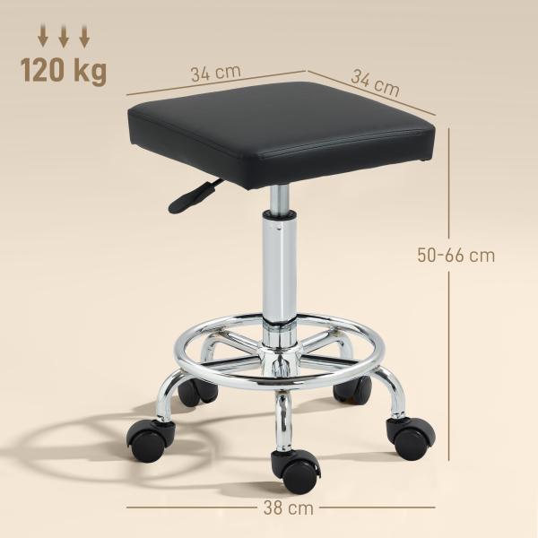 Banco Giratório com Rodas Altura Regulável 50 - 66 cm Assento Estofado em Imitação de Couro 34x34x50 - 66 cm Preto