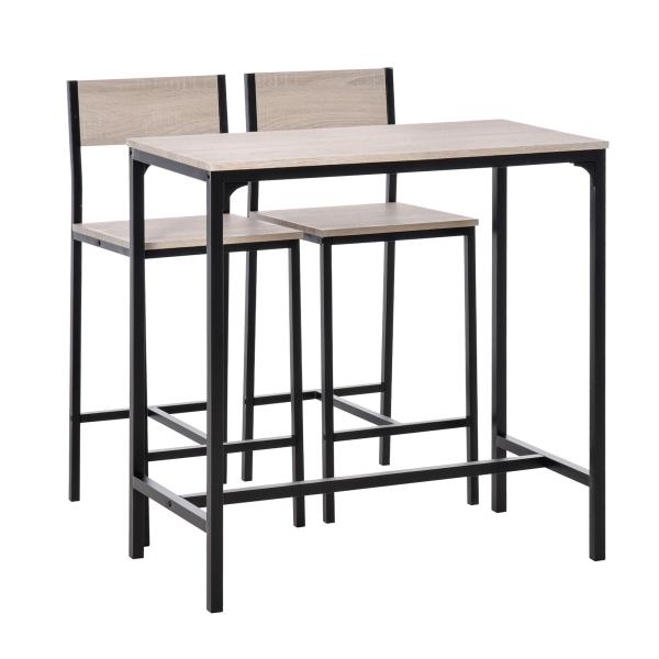 Conjunto de Mesa de Bar com 2 Bancos Conjunto de 3 Peças com 2 Bancos com Encosto e Apoio para Pés Design Industrial Madeira e Preto