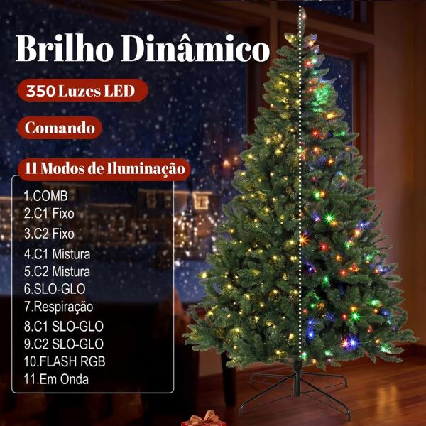 Árvore de Natal 210 cm com 350 Luzes LED, 11 Modos, Controlo Remoto e Base Dobrável em Aço, Verde