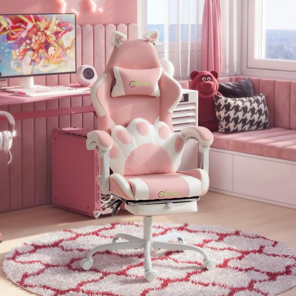 Cadeira Gaming com Orelhas de Gato, Encosto Reclinável 90 - 135°, Apoio para os Pés Retrátil, Almofada Lombar e Apoio de Cabeça - Rosa