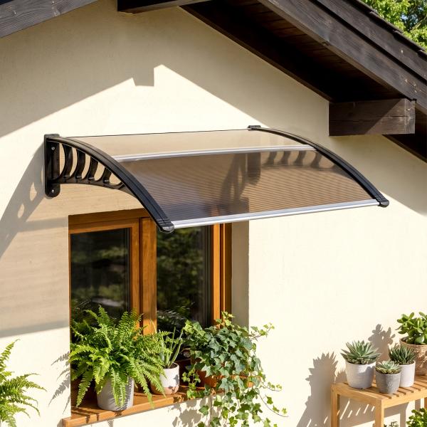 Marquise para Portas e Janelas 103x96,5 cm Marquise com Proteção para Sol e Chuva com Painéis de Policarbonato Preto e Marrom