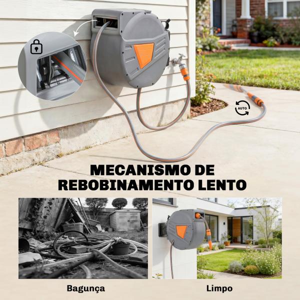 Carretel de Mangueira para Jardim 20+1,6 m com Bocal de 2 Modos Bloqueio Automático e Retracção Orientável 180° Laranja