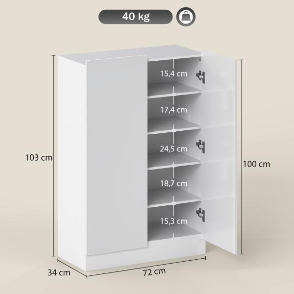 Sapateira para Entrada com Prateleiras Ajustáveis para 20 Pares de Sapatos 72x34,5x103 cm Branco Brilhante