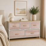 Cómoda com 5 Gavetas de Tecido Cómoda para Quarto Estrutura Metálica 100x30x51.5 cm Madeira e Branco