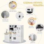 Cozinha Infantil de Madeira para Crianças de 3 - 6 Anos com Sons 14 Acessórios Cozinha Infantil com Telefone Lavatório Microondas e Grifo 82x65x87cm Branco