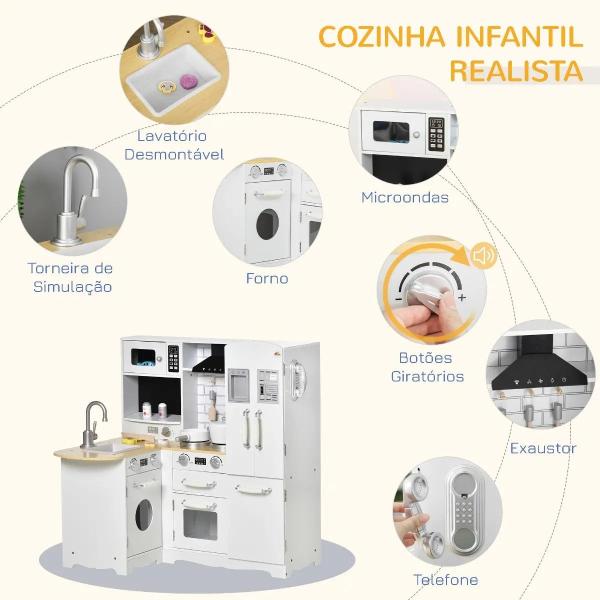 Cozinha Infantil de Madeira para Crianças de 3 - 6 Anos com Sons 14 Acessórios Cozinha Infantil com Telefone Lavatório Microondas e Grifo 82x65x87cm Branco