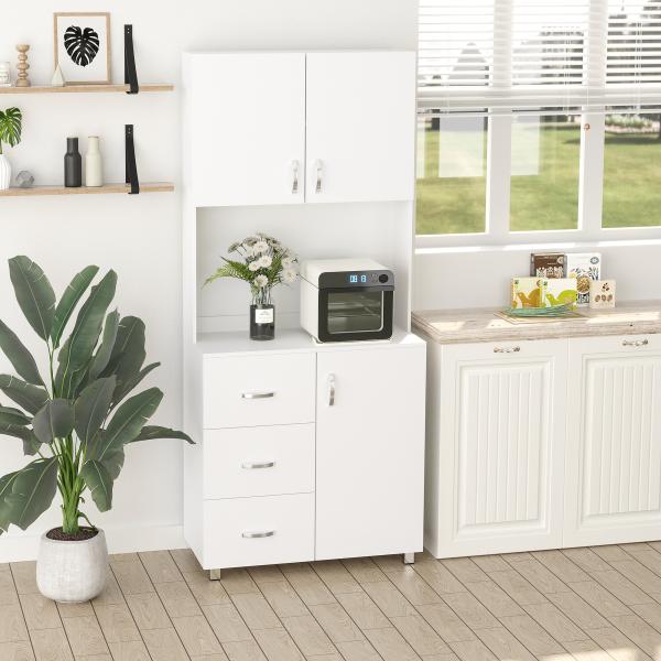 Armário de Armazenamento de Cozinha Armário Alto com 3 Gavetas 3 Portas e Prateleiras Interiores Ajustáveis móvel Auxiliar para Sala de Jantar Sala de Estar 80x39,5x183,5cm Branco