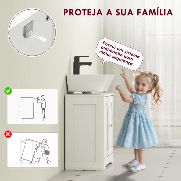 Móvel para Lavatório Pousar com 2 Portas em Arco Puxadores Dourados para Lavatório com ou sem Pedestal 60x30x65 cm Branco