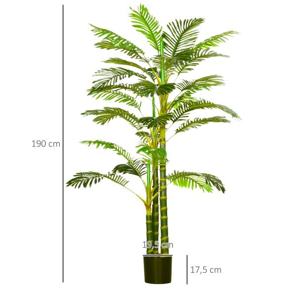 Planta Artificial Palmeira Areca com Vaso e 30 Folhas Decoração para Interior e Exterior Ø19,5x190 cm Verde