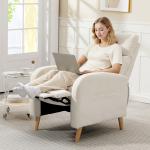 Poltrona Relax Reclinável Manual Estofada em Linho Sintético com Apoio para os Pés e Bolso Lateral 68x90x106 cm Creme