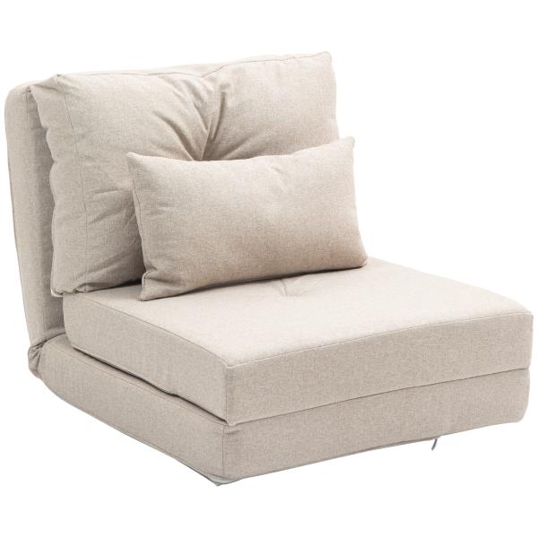 Sofá - Cama Individual Dobrável Estofado em Linho com Encosto Ajustável 5 Posições e 1 Almofada Bege