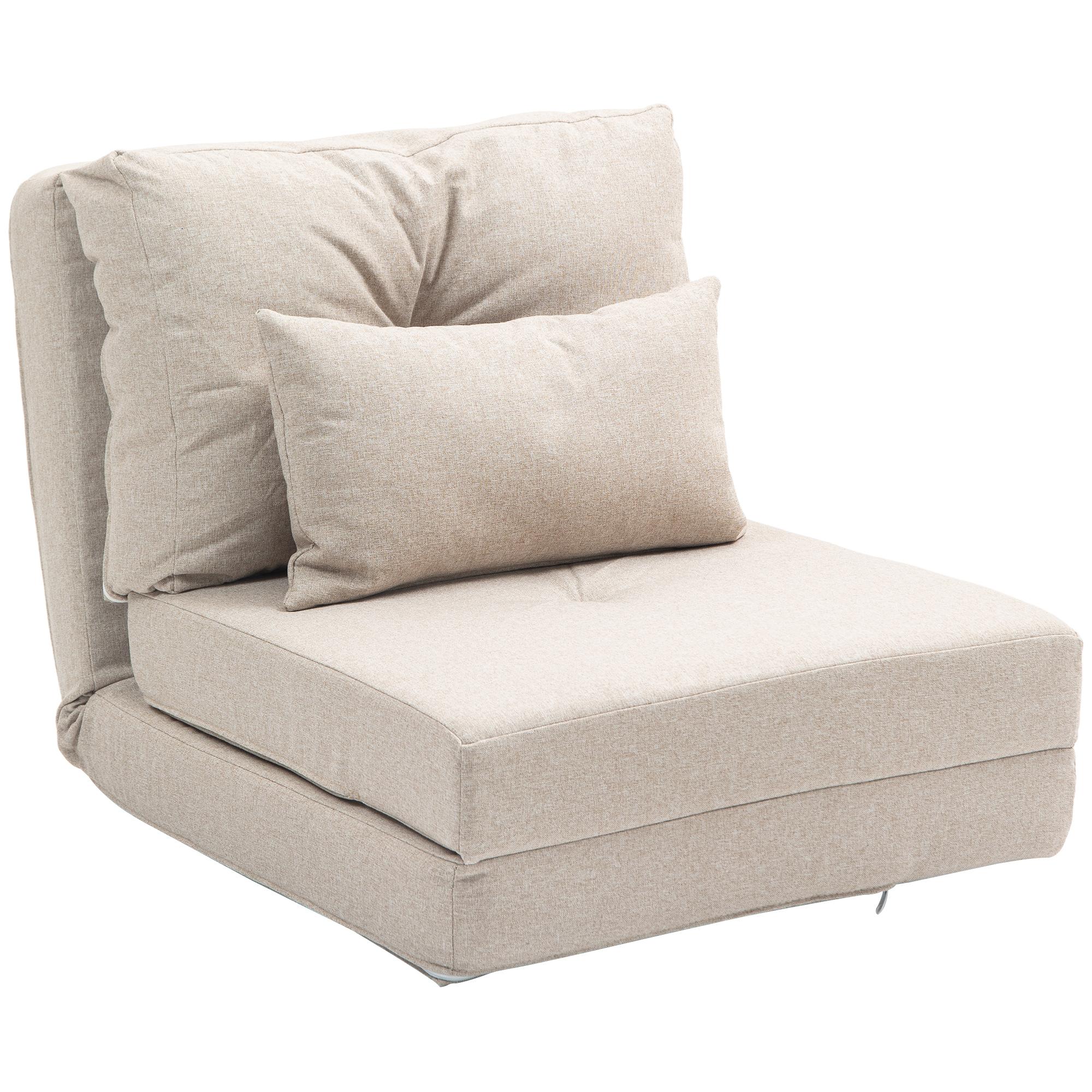 Sofá - Cama Individual Dobrável Estofado em Linho com Encosto Ajustável 5 Posições e 1 Almofada Bege