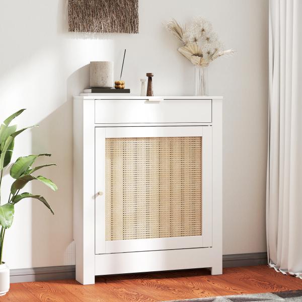 Cobertura para Radiador com Porta Rebatível e Vime Proteção Radiador de MDF 78x19x95,5 cm com Compartimento Desenho Boémio Branco