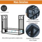 Suporte para Lenhas 75x30x60cm Porta Lenha com Desenho Vintage com 4 Ferramentas Base Elevada Carga Máxima 100kg Aço Preto