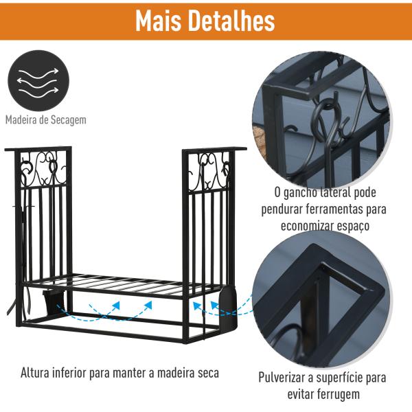 Suporte para Lenhas 75x30x60cm Porta Lenha com Desenho Vintage com 4 Ferramentas Base Elevada Carga Máxima 100kg Aço Preto