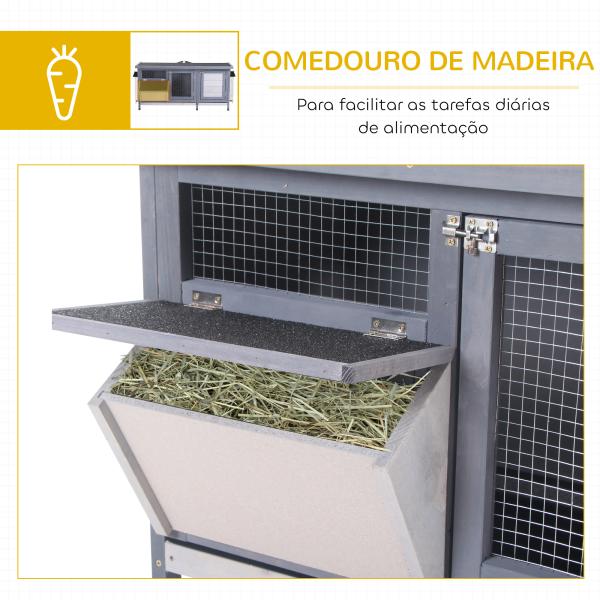 Coelheira de Madeira Gaiola para Coelhos com Telhado Asfáltico Rebatível Portas com Fecho Bandejas Removíveis 112x50x54 cm Cinzento