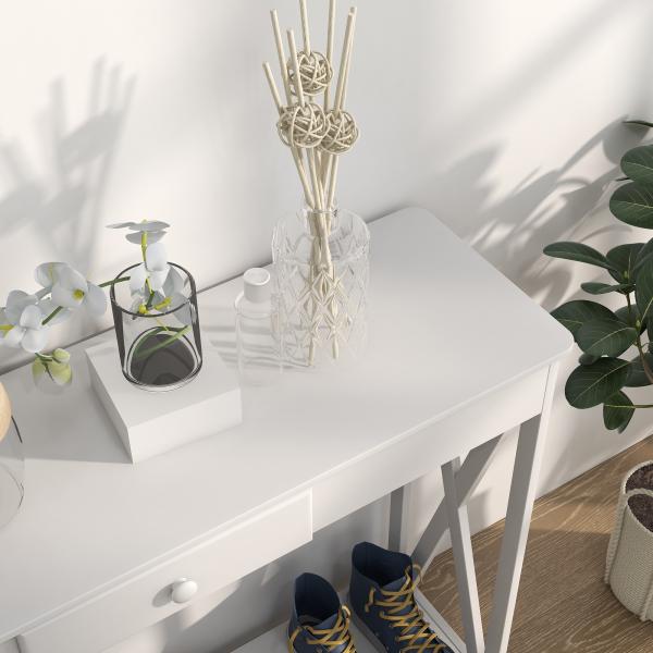 Mesa Consola Clássica com 1 Gaveta e 1 Prateleira de Armazenamento para a Entrada Mesa Auxiliar Sala de Estar Estilo Elegante 100x30x81cm Branco