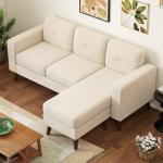 Sofá Chaise Longue Reversível de 3 Lugares Estofado em Veludo Estrutura de Aço Para Salas Pequenas Creme