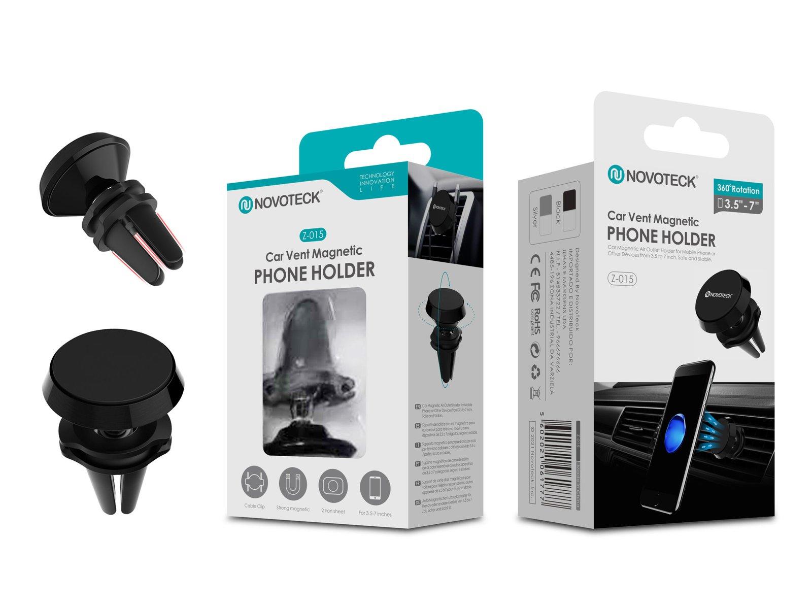 Suporte Magnético de Telemóvel para Ventilação do Carro Novoteck Z-015 – Rotação 360º, Fixação Segura, para 3.5'-7' Dispositivos