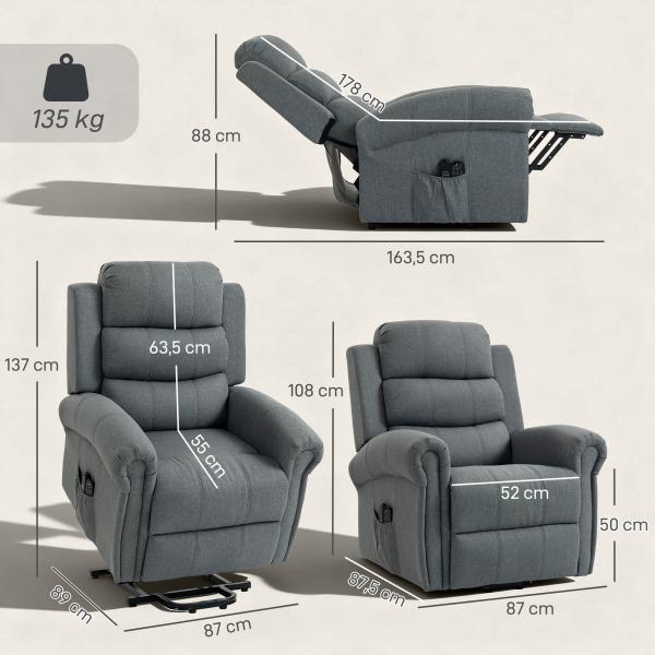 Poltrona Relax Reclinável Elétrica Elevatória com Massagem Vibratória e Calor, Comando à Distância, Cinzento