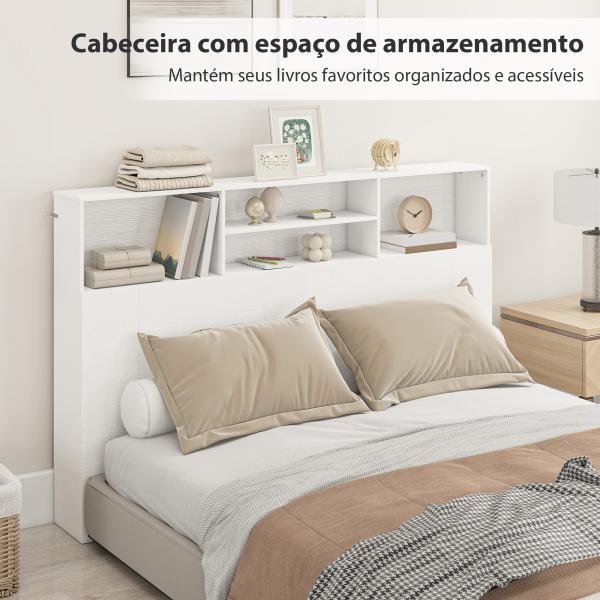 Cabeceira de Cama 160 cm com Arrumação e 4 Compartimentos Abertos para Quarto, Branco