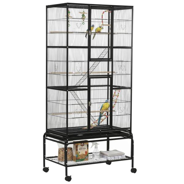 Gaiola para Pássaros com Rodas de 3 Níveis com 3 Poleiros Comedouros Brinquedos Rampas e Prateleira 83x53x180 cm Preto