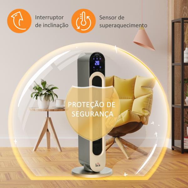 Aquecedor Cerâmico de Torre 1100/2200W com Controlo Remoto Ecrã LED Temporizador de 12h Termostato 3 Modos Ø25x73,5 cm Prata