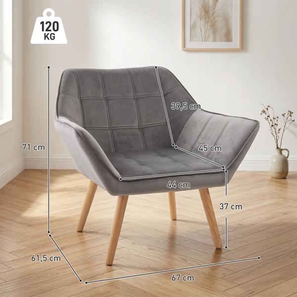 Poltrona de Sala Moderna Estofada em Veludo com Pés de Madeira, Poltrona Relax para Sala de Estar, Cinzento