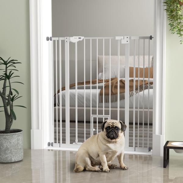 Barreira de Segurança para Cães com Porta Pequena Fechamento Automático e Sistema Duplo de Bloqueio 74 - 101x104,1 cm Branco