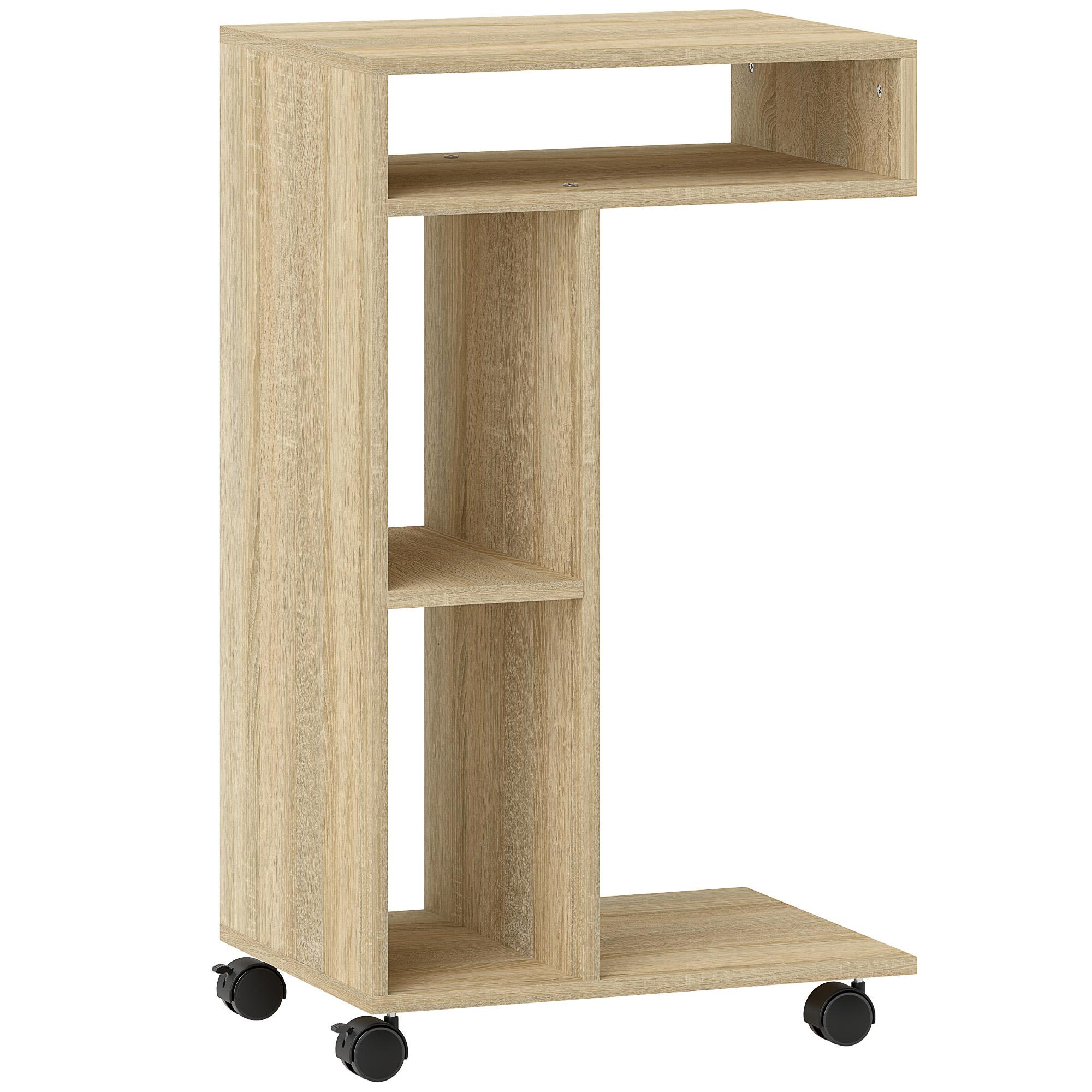 Mesa Auxiliar em Forma de C Mesa Auxiliar para Sofá com Rodas Compartimentos Abertos 40x30x69 cm Madeira