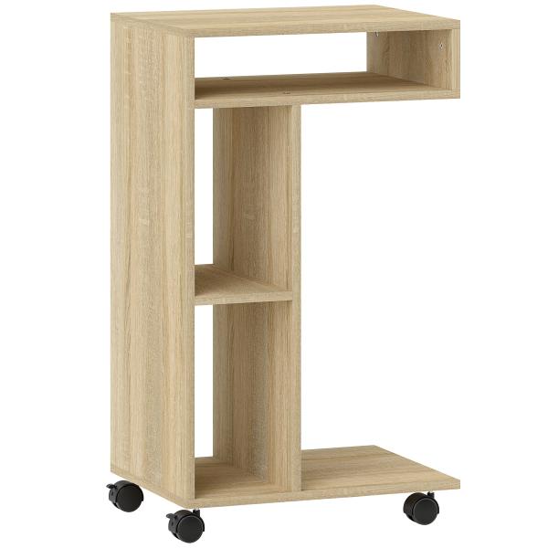 Mesa Auxiliar em Forma de C Mesa Auxiliar para Sofá com Rodas Compartimentos Abertos 40x30x69 cm Madeira