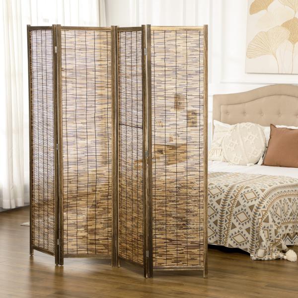Biombo de 4 Painéis Separador de Ambientes Dobrável 160x1,8x170 cm Divisor de Ambientes de Madeira e Caniço Madeira
