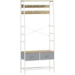 Móvel Cabide de Entrada com Banco Sapateira 8 Ganchos 2 Gavetas de Tecido Barra Prateleira 80x30x180,5 cm Branco e Madeira