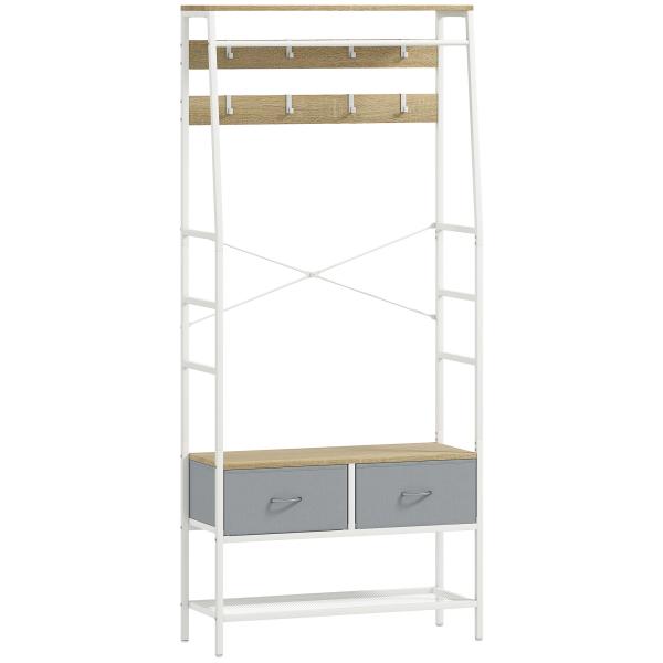 Móvel Cabide de Entrada com Banco Sapateira 8 Ganchos 2 Gavetas de Tecido Barra Prateleira 80x30x180,5 cm Branco e Madeira