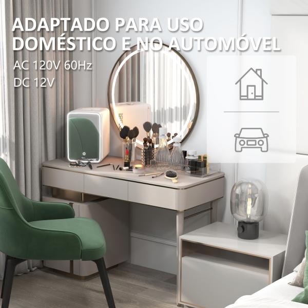 Mini Frigorífico para Cosméticos 10L 12V/240V para Arrefecer e Aquecer com Espelho de Luzes LED 23,5x28x34 cm Branco