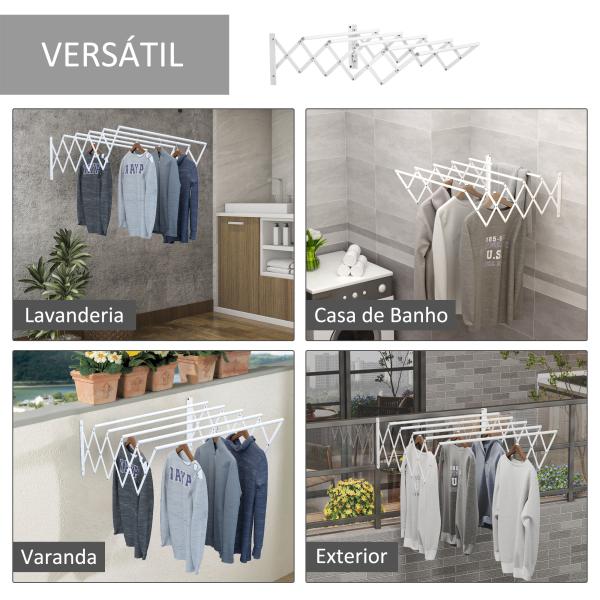 Estendal de Parede Extensível de 63,5cm de Metal com 5 Barras para Interior e Exterior Carga 10kg 63,5x60x20cm Branco