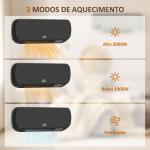 Aquecedor Cerâmico de Parede 1000W/2000W com Controle Remoto 3 Modos de Aquecimento Temporizador de 12h Termostato e Proteção contra Superaquecimento 45x18,6x11,5 cm Preto