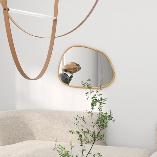 Espelho de Parede Decorativo 70x50 cm com Forma Irregular e Moldura de Madeira para Sala Entrada Horizontal ou Vertical Natural
