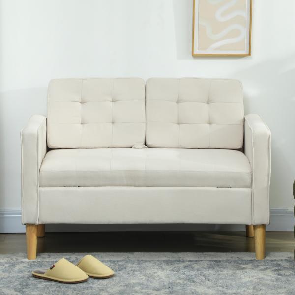 Sofá de 2 Lugares com Espaço de Armazenamento Pés de Madeira Encosto Capitonê 117x62x78 cm Creme