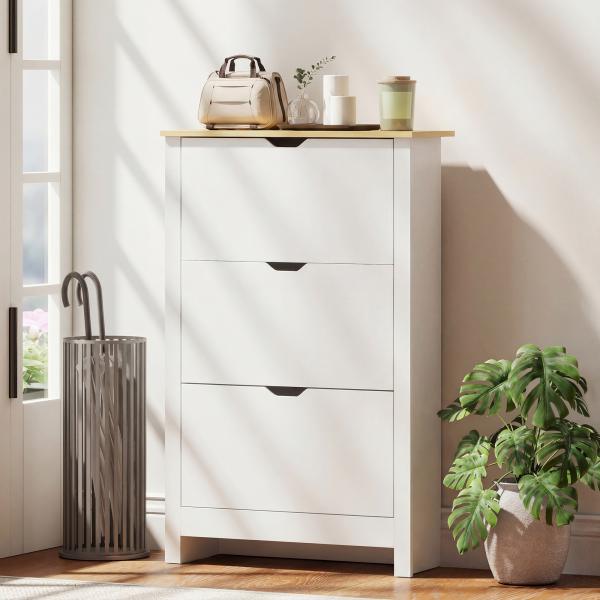 Sapateira Branca Estreita Armário Sapateiro Alto com 3 Gavetas para 18 Pares de Sapatos para Corredor 72x26x112 cm Branco