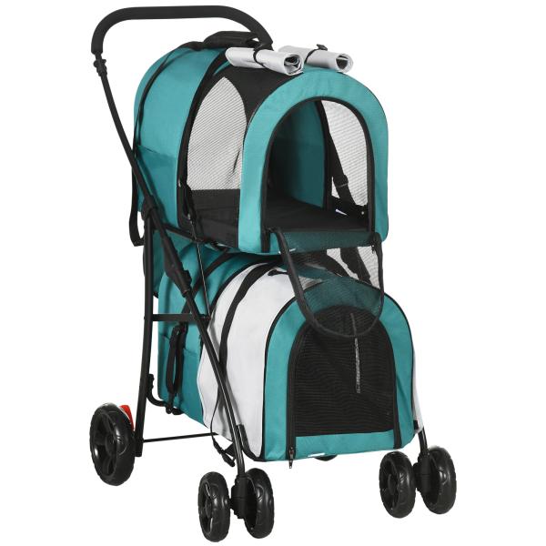 Carrinho Duplo para Cães Gatos Dobrável com 2 Transportadoras Portáteis Cinto de Segurança 66x50x98 cm Turquesa e Cinza