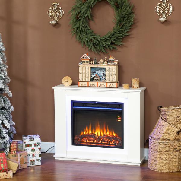Lareira Elétrica com Efeito de Chama de 5 Níveis de Brilho e 12 Cores Decorativa 1000/2000W Temporizador para 30 m² 98x25x80 cm Branco