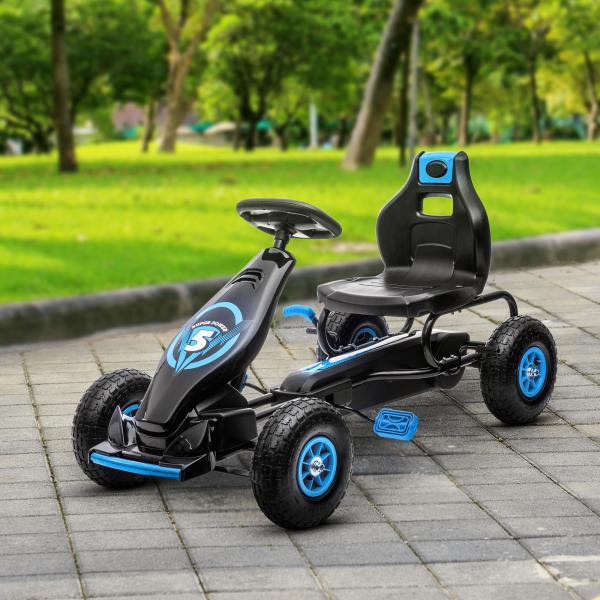 Kart a Pedais para Crianças 5 - 12 Anos com Assento Ajustável Pneus Insufláveis Amortecimento e Travão de Mão 121x58x61cm Azul