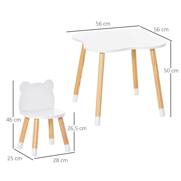 Conjunto Infantil de Mesa e 2 Cadeiras de Madeira Móveis Infantil para Sala de Jogos Dormitório de Crianças Mesa 56x56x50cm e Cadeira 28x25x46cm Branco