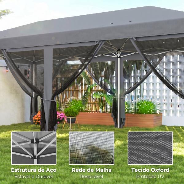 Tenda Dobrável 585x295x270 cm Tenda de Jardim com 6 Mosquiteiros Bolsa de Transporte e Estrutura de Aço Cinza