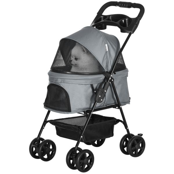 Carrinho de animal de estimação dobrável removível de aço Tecido Oxford Rodas giratórias Freios Janela para gatos pequenos Cães 67x45x96 cm Cinza