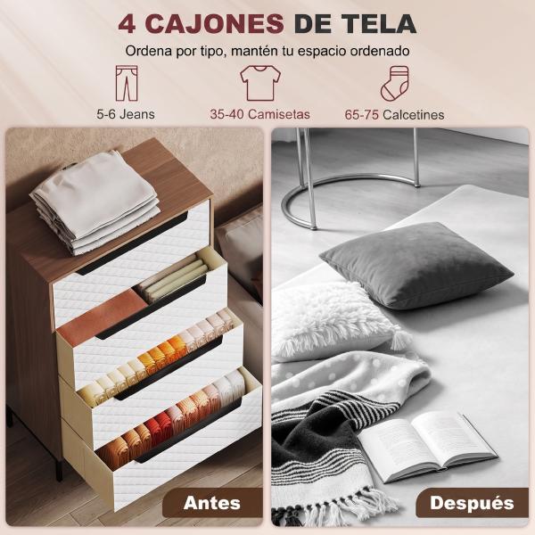 Cómoda com 4 Gavetas de Tecido Frentes com Padrão de Diamante Móvel de Arrumação 59,5,5x30x92,5 cm Madeira e Branco
