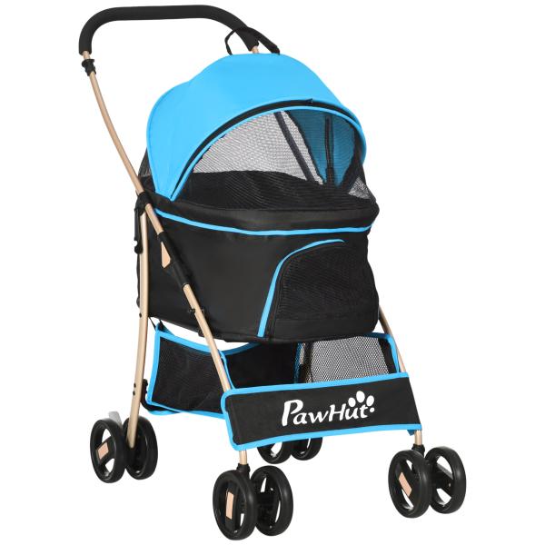 Carrinho para Animais de Estimação 3 em 1 Dobrável com Bolsa de Transporte Cesta de Armazenamento e Travão 82x49,5x98cm Azul