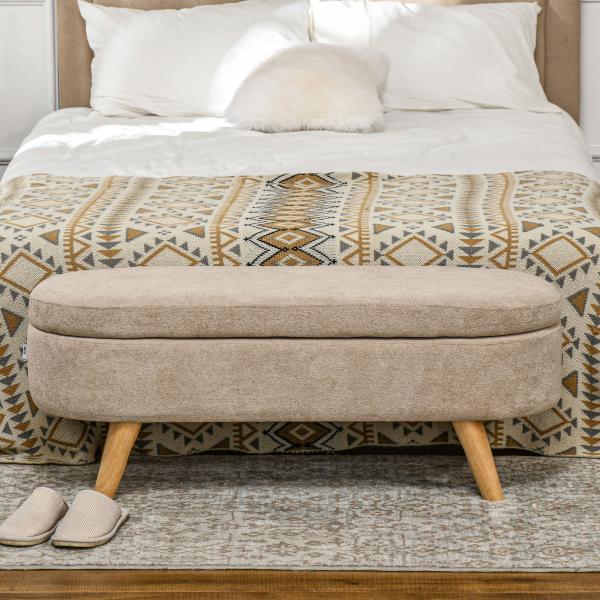 Banco para Pé de Cama Banco de Armazenamento com Pés de Madeira e Assento Acolchoado 110x40x43 cm Bege