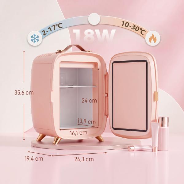 Mini Frigorífico para Cosméticos com 6 L, Porta com Espelho e Luzes LED Ajustáveis, Rosa, 24,3 x 19,4 x 35,6 cm